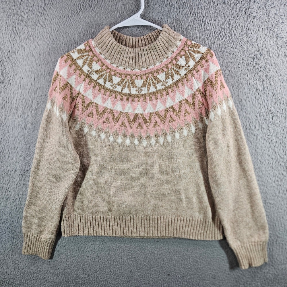 Tommy Hilfiger Womens Fair Isle Mock Neck Sweater Pink Gold Metallic‎ Oatmeal M